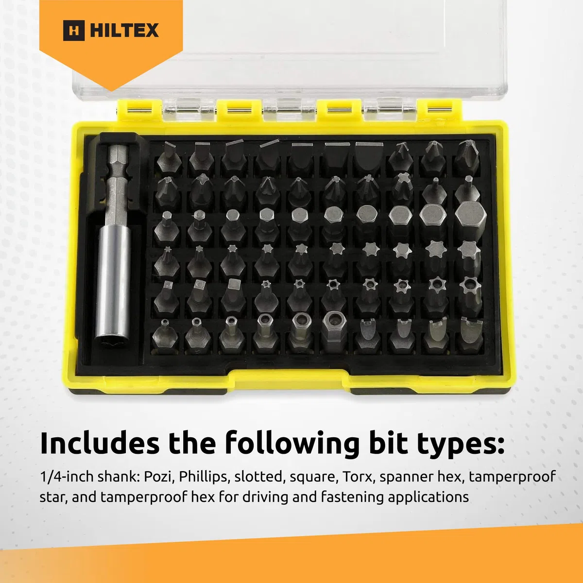 Hiltex Set di punte di sicurezza con adattatore di prolunga magnetica, 61 pezzi, codolo esagonale da 1/4", acciaio CR-V 10060