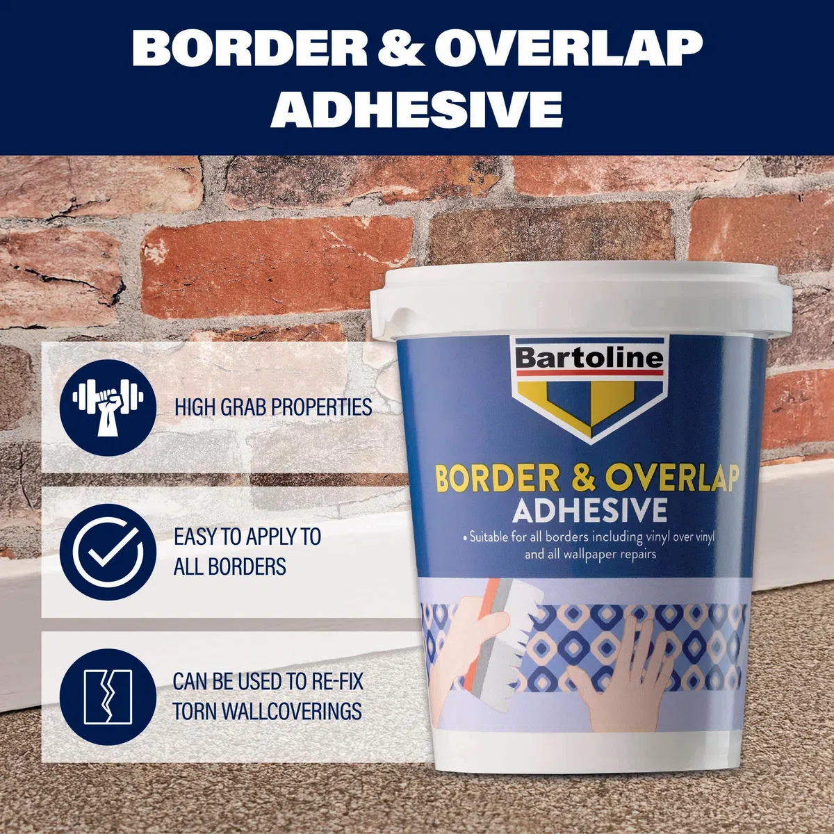 Bartoline Adesivo Border & Overlap 1 kg, per 40 m di carta da parati adesiva per bordi decorativi e vinile, ripara giunture e rivestimenti murali strappati, asciugatura rapida e tenuta forte
