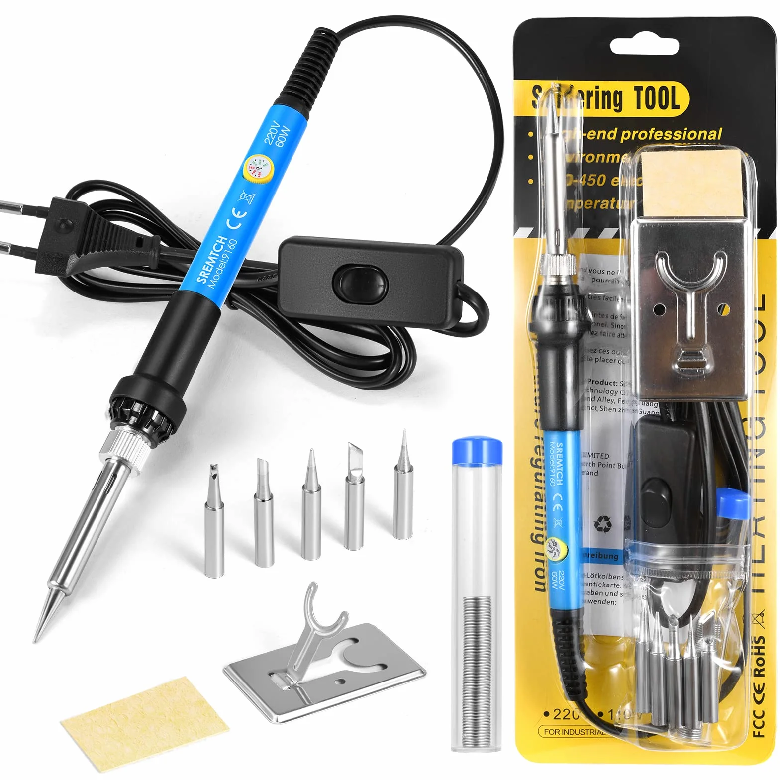 Saldatore a Stagno 60W 9 in 1 Kit Saldatura con Interruttore ON/OFF 200°C-450°C
