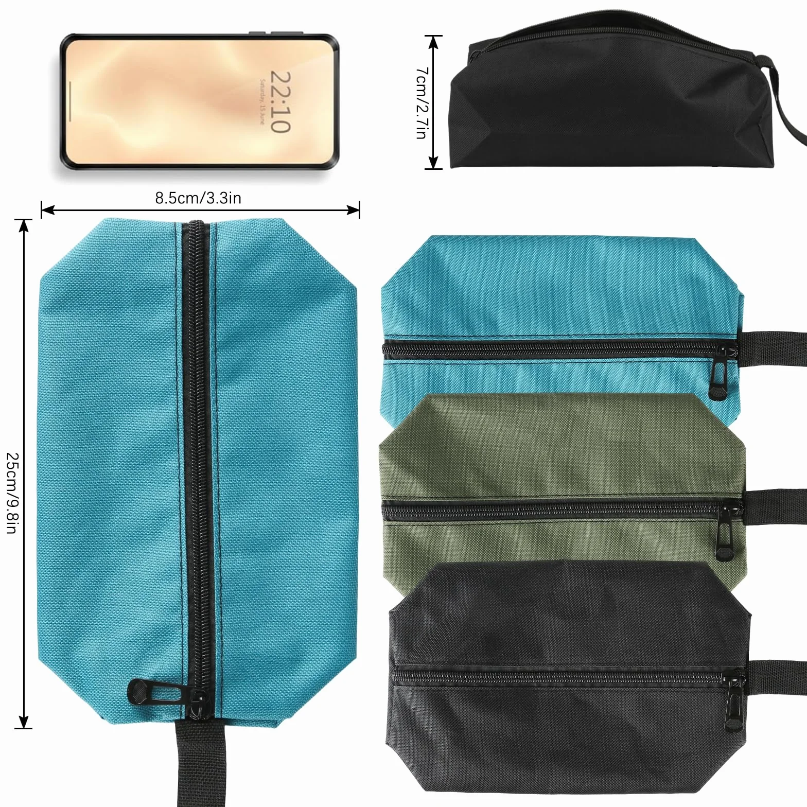 3 pezzi borsa porta attrezzi portatile piccola in tessuto Oxford 600D impermeabile con chiusura lampo, borsa per attrezzi multiuso resistente all'usura in tela (nero/blu/verde)