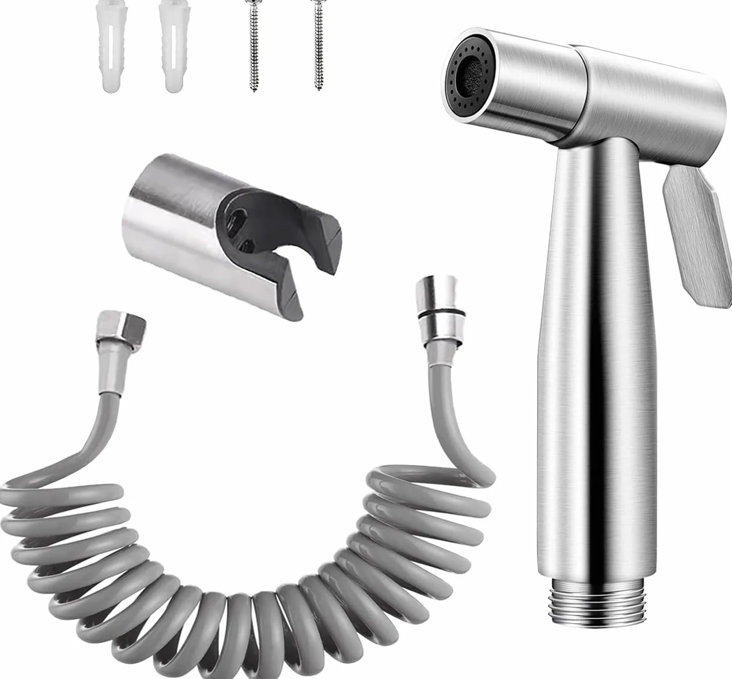 Doccetta per bidet in acciaio inox, set doccetta, getto regolabile, tubo e gancio attacco wc o bidet sospeso