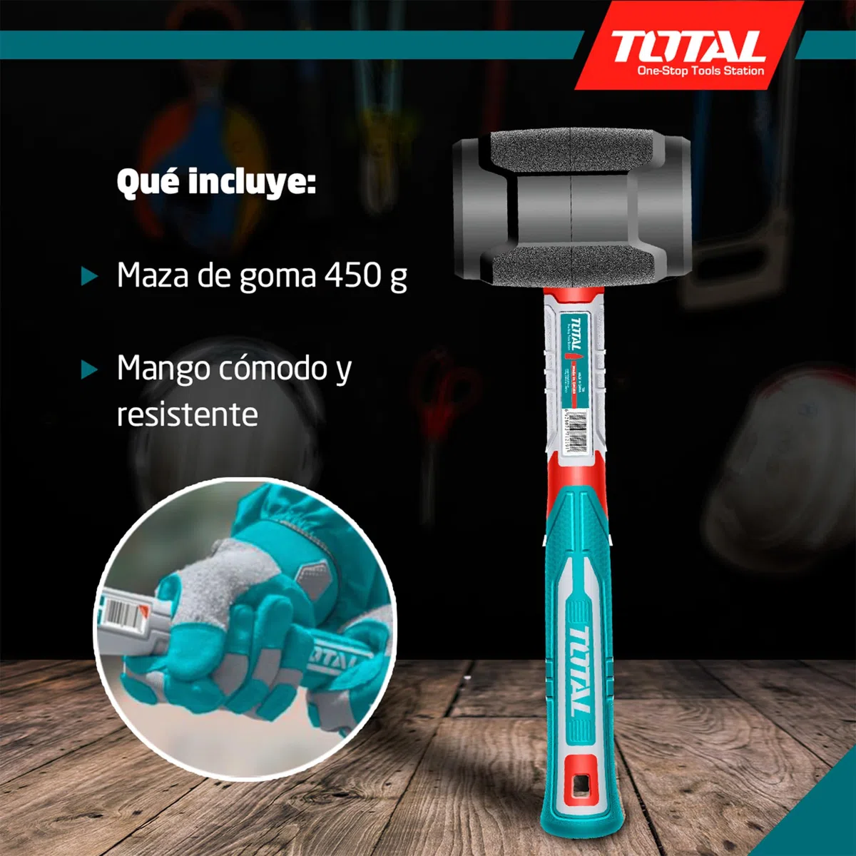 TOTAL - Mazza in Gomma - 450 g - Per Piastrellatura, Livellamento e Assemblaggio - Colpisce Senza Danneggiare la Superficie - Manico Antiscivolo in Fibra Trimateriale - Testa in Gomma Nera