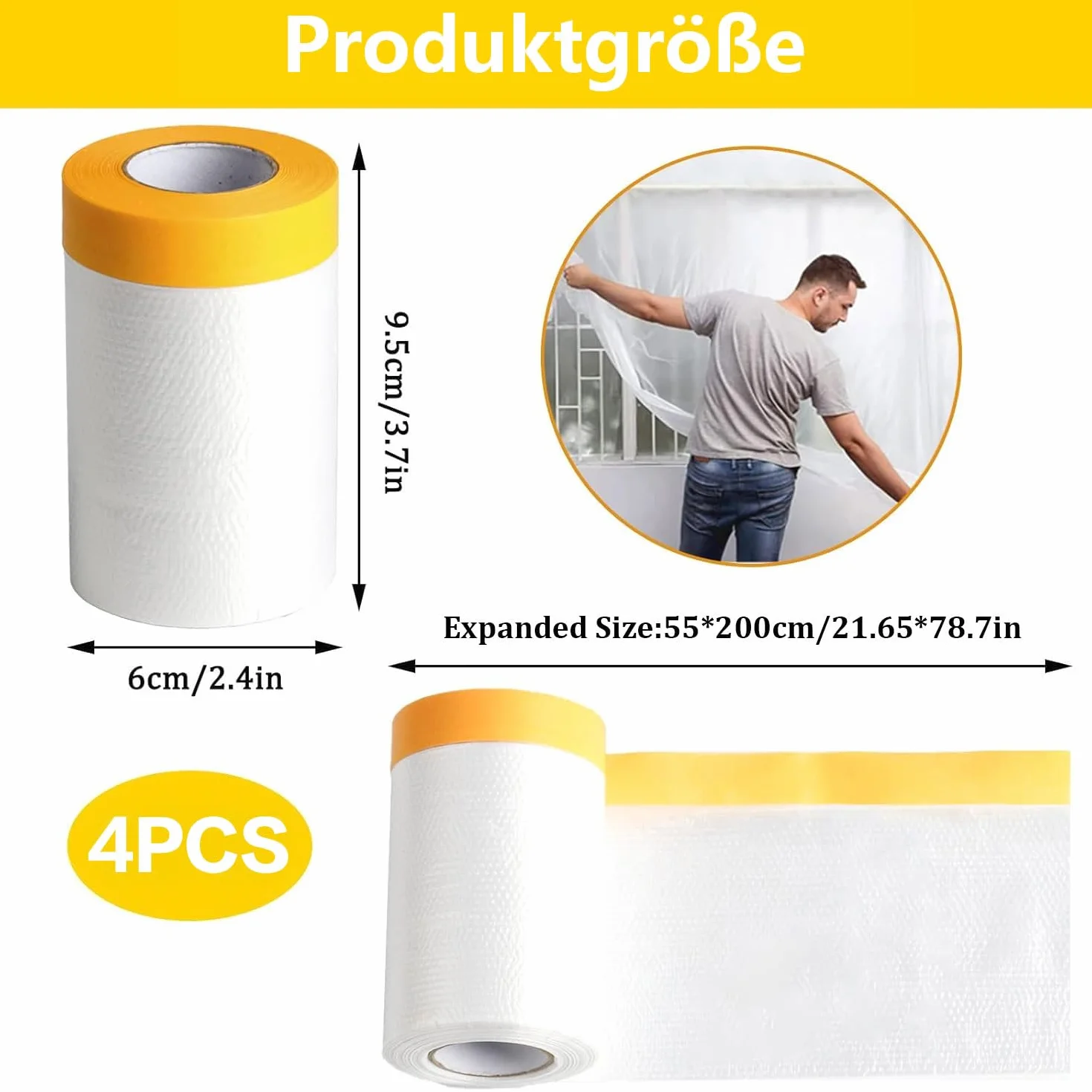 Pellicola di Mascheratura con Nastro Adesivo, 4 Rotolo di Pellicola Coprente con Nastro Adesivo per Pittore Trasparente, Nastro per Pittore Mascherare e Coprire Pittura, 55 cm x 20 m