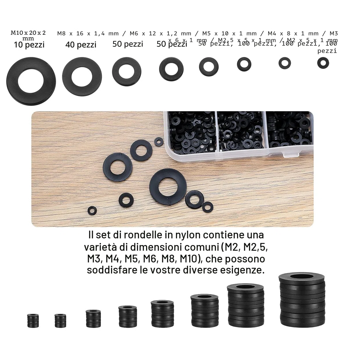 500 Pezzi Rondella Piatta in Nylon, Piatte Guarnizione, Guarnizioni Idrauliche, Kit Distanziatore Rondella Distanziatrice - M2/M2.5/M3/M4/M5/M6/M8/M10 (A-nero)
