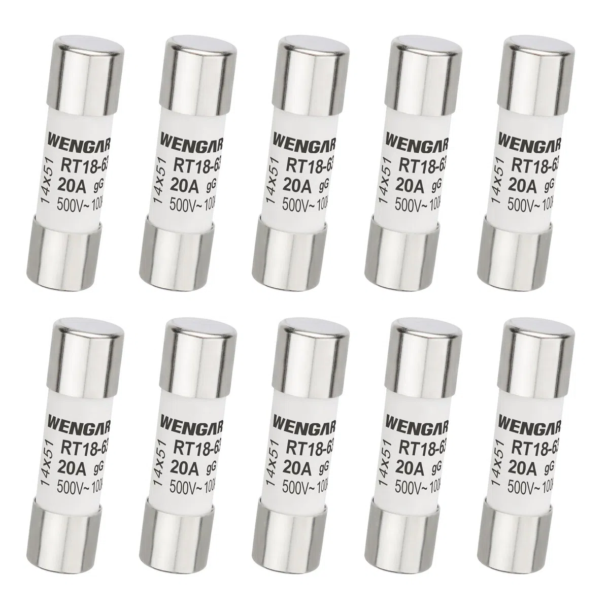 Wengart 10 Pezzi Fusibili Cilindrici AC 500V 20A,Tipo RT18-63 (RO16),Dimensioni 14x51mm,Potere di Interruzione 100kA,Protezione Professionale per Impianti Industriali e Grandi Utenze