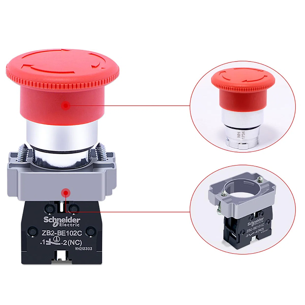 Powice Interruttore di emergenza, rosso, pulsante a fungo, XB2-BE102, contatto NC, 240 V, 2 pezzi