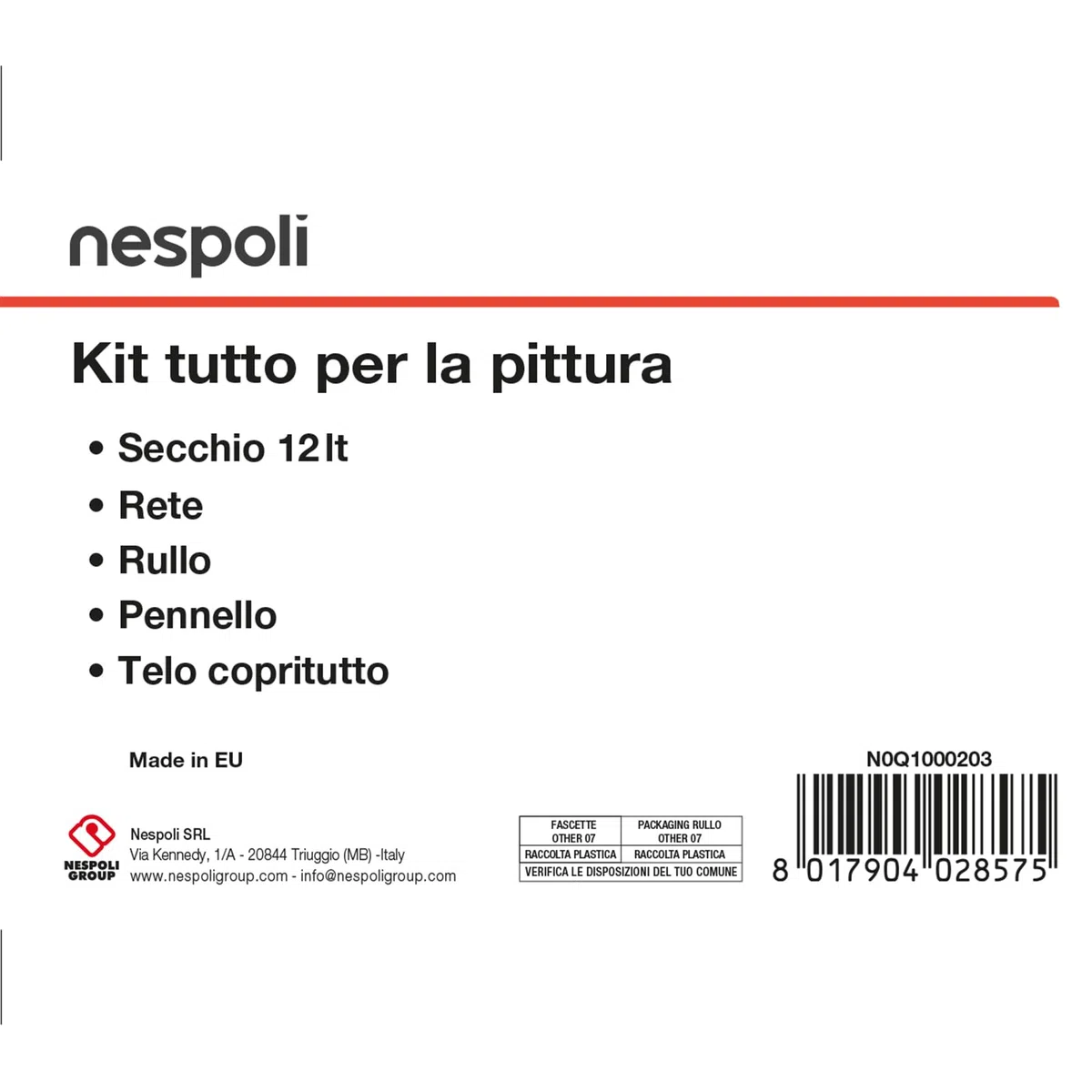 Nespoli - Set Pittura Completo con Rullo per Pittura, Pennello Pittura, Secchio, Telo, Retina - Kit Pittura Murale e Fissativo per Muri Interni per Lavori Fai da Te, Set Rullo Pittura Facile Utilizzo