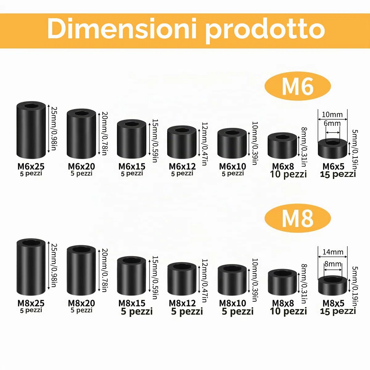 100 Pezzi Distanziali Rotondi in Nylon, M6 M8 Rondelle Plastica Nere, Spessori in Plastica, Distanziatori Isolanti, Rotonde in Nylon Non Filettate per Viti Circuito Stampato