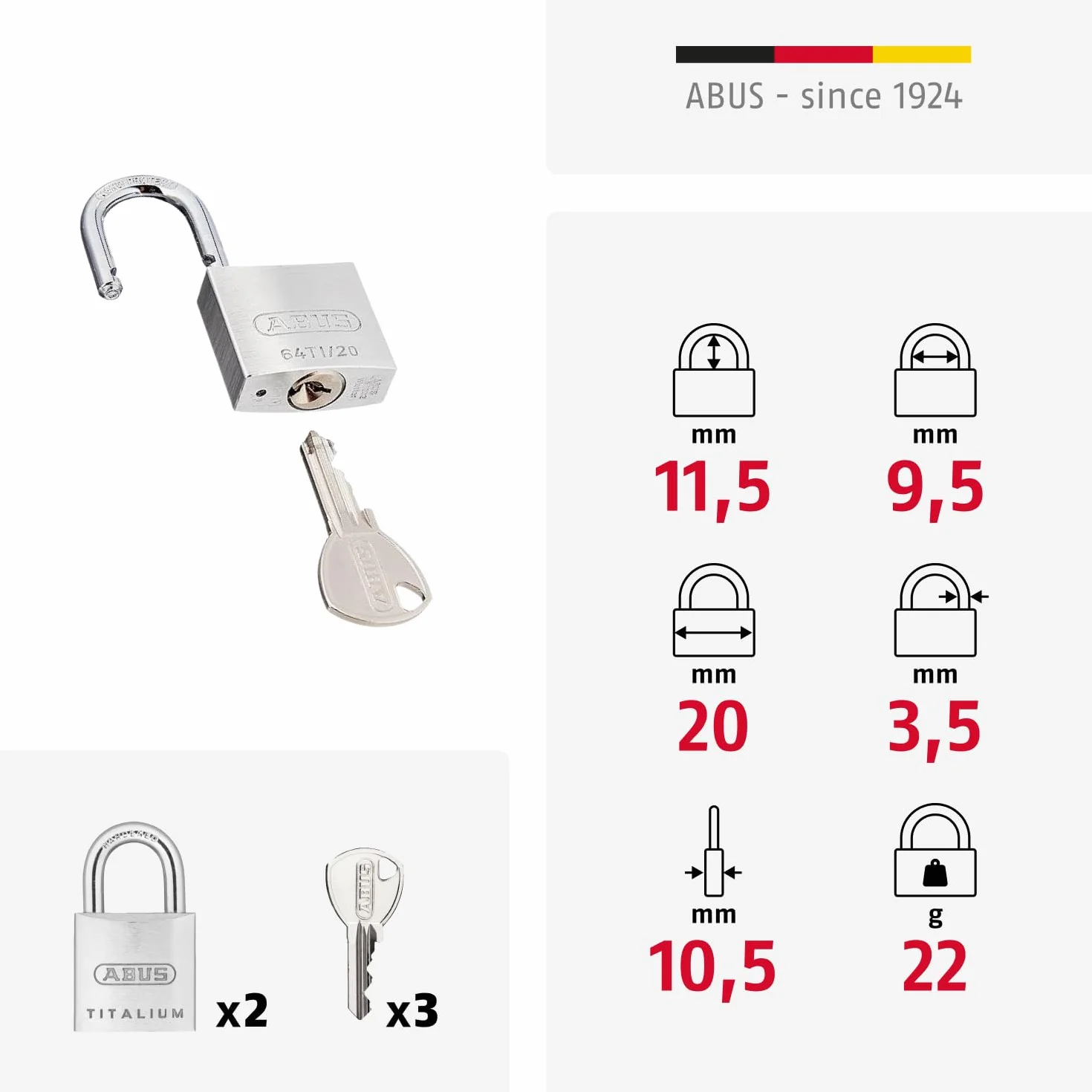 ABUS Lucchetto Titalium 64TI/20 - set di 2, con chiave uguale - corpo serratura in alluminio speciale - grillo in acciaio temprato - ABUS -Livello di sicurezza 3 - argento