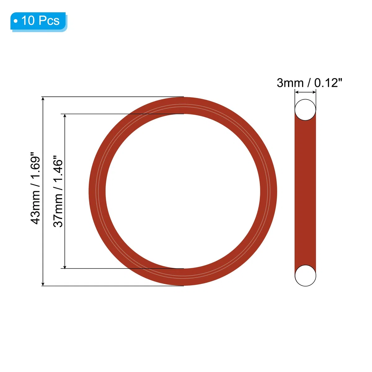PATIKIL O-Ring Silicone 43mm OD 37mm ID 3mm Larghezza, 10 Pezzi Anelli per Rubinetti Guarnizione Metrica VMQ Ricambio per Riparazione Valvole Compressore Idraulico, Rosso