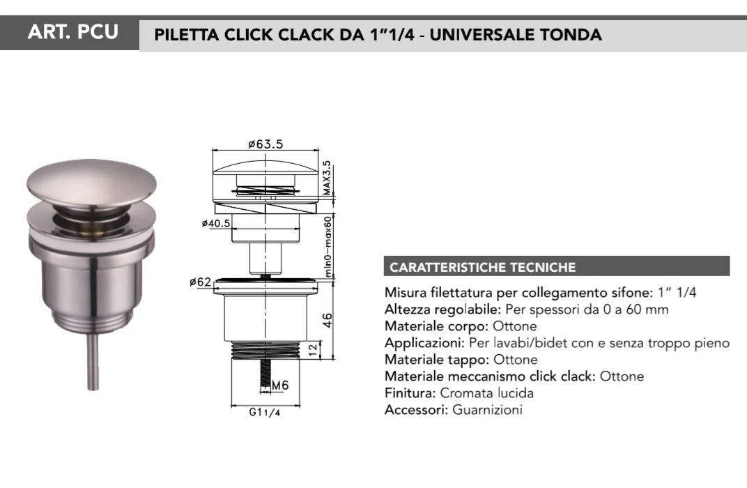 PILETTA CLICK CLACK 1"1/4" LAVABO BIDET A SCATTO