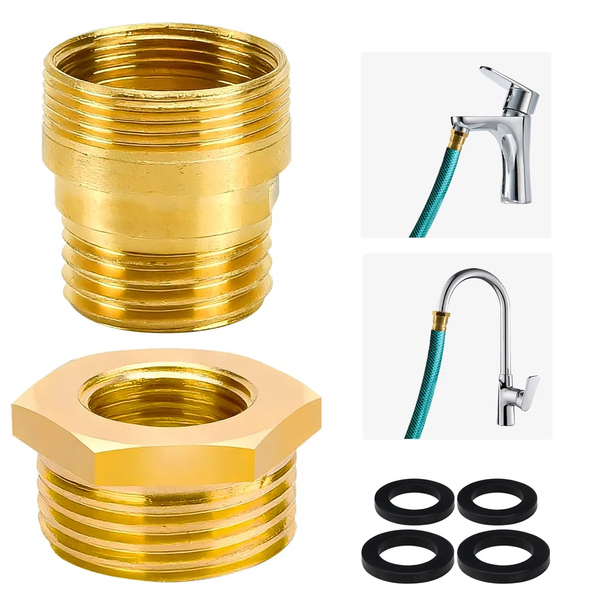 Adattatore per rubinetto in ottone con guarnizioni, con filettatura esterna M24 a M20 e adattatore AG da 3/4" a IG da 1/2" per tubo da giardino, doccia, collegamento lavatrice