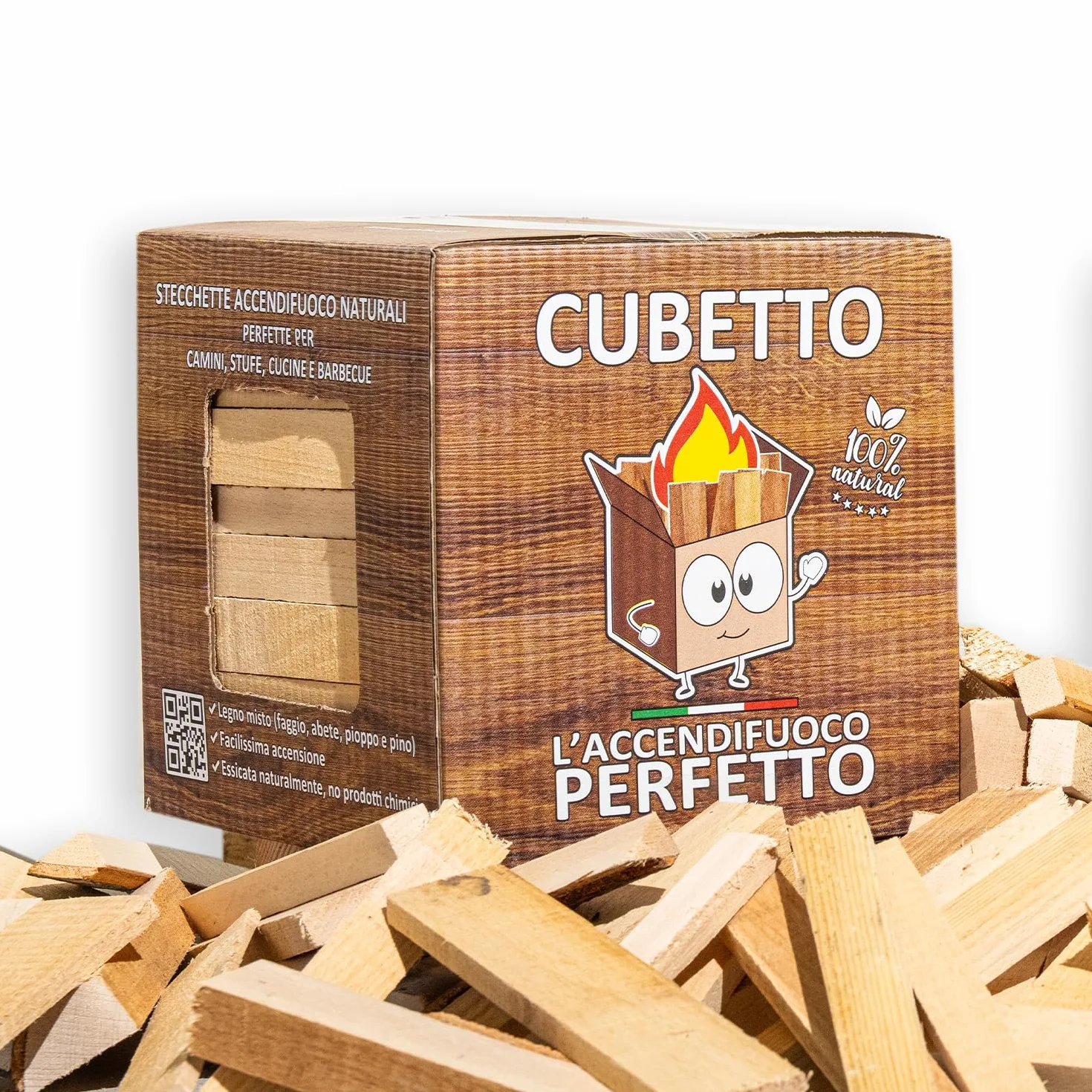 CUBETTO FEMIRO Legnetti Accendifuoco Faggio e Abete – 1 Scatola da 4 kg – Accendi Camino per Camini, Stufe, Forni e Barbecue – Confezione Pulita e Compatta