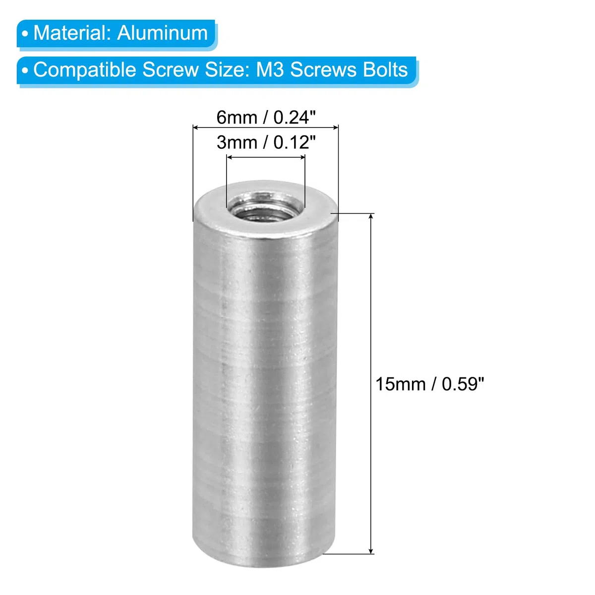 PATIKIL Distanziatori in Alluminio M3, 6pz Distanziatore Metallo Alluminio 3mm ID x 6mm OD x 15mm L Spacer Filettato Vite Standoff Rotondo per Auto RC Droni Scheda Madre, Argenteo