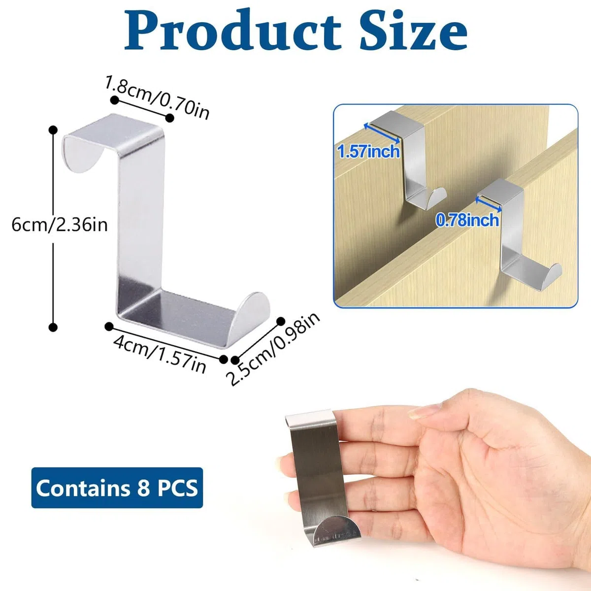 8 ganci da porta da 1,8 cm e 4 cm, a doppia testa, in acciaio inox, a forma di Z, reversibili, senza foro, salvaspazio, per armadio, cucina, camera da letto, bagno (argento)