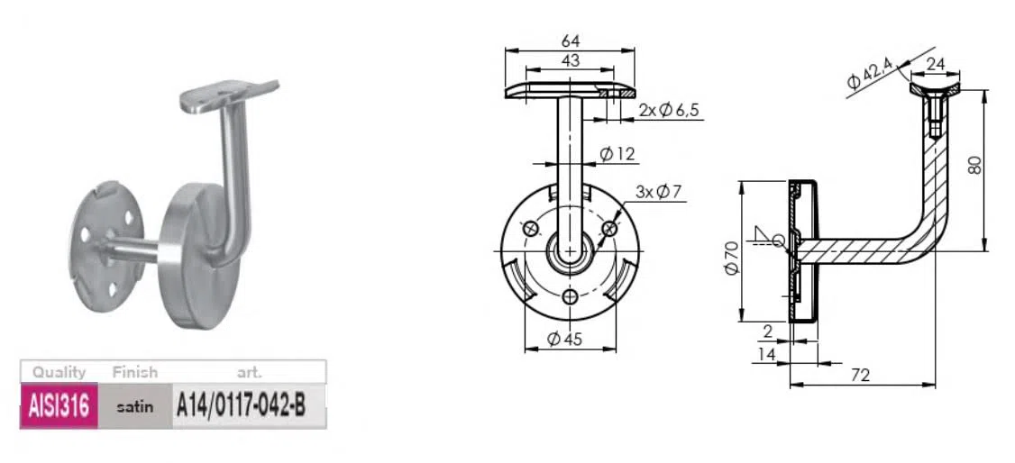 SOSTEGNO CORRIMANO INOX AISI 316 SATINATO, CON PIASTRA A TRE FORI E ROSETTA AD INCASTRO - PER TUBO Ø42,4 MM