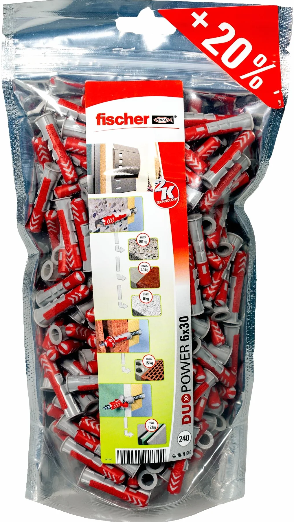 Fischer Big Pack DUOPOWER 6 x 30 mm, 240 Tasselli Universali per Ogni Tipo di Muro, Cartongesso, Gasbeton, 536382