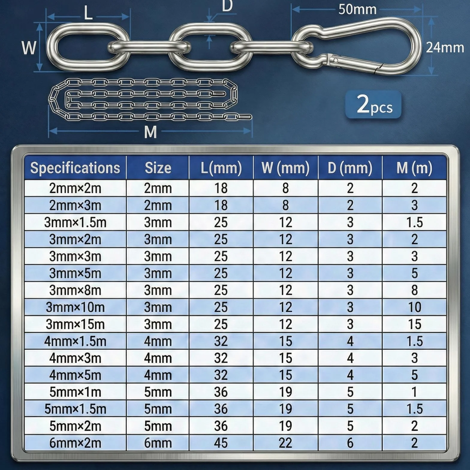 Catena in metallo resistente, 2 metri, catena in acciaio zincato, spessore 2 mm, con moschettone, per lucchetti per cancelli, biciclette, sollevamento esterni, piante sospese, altalena