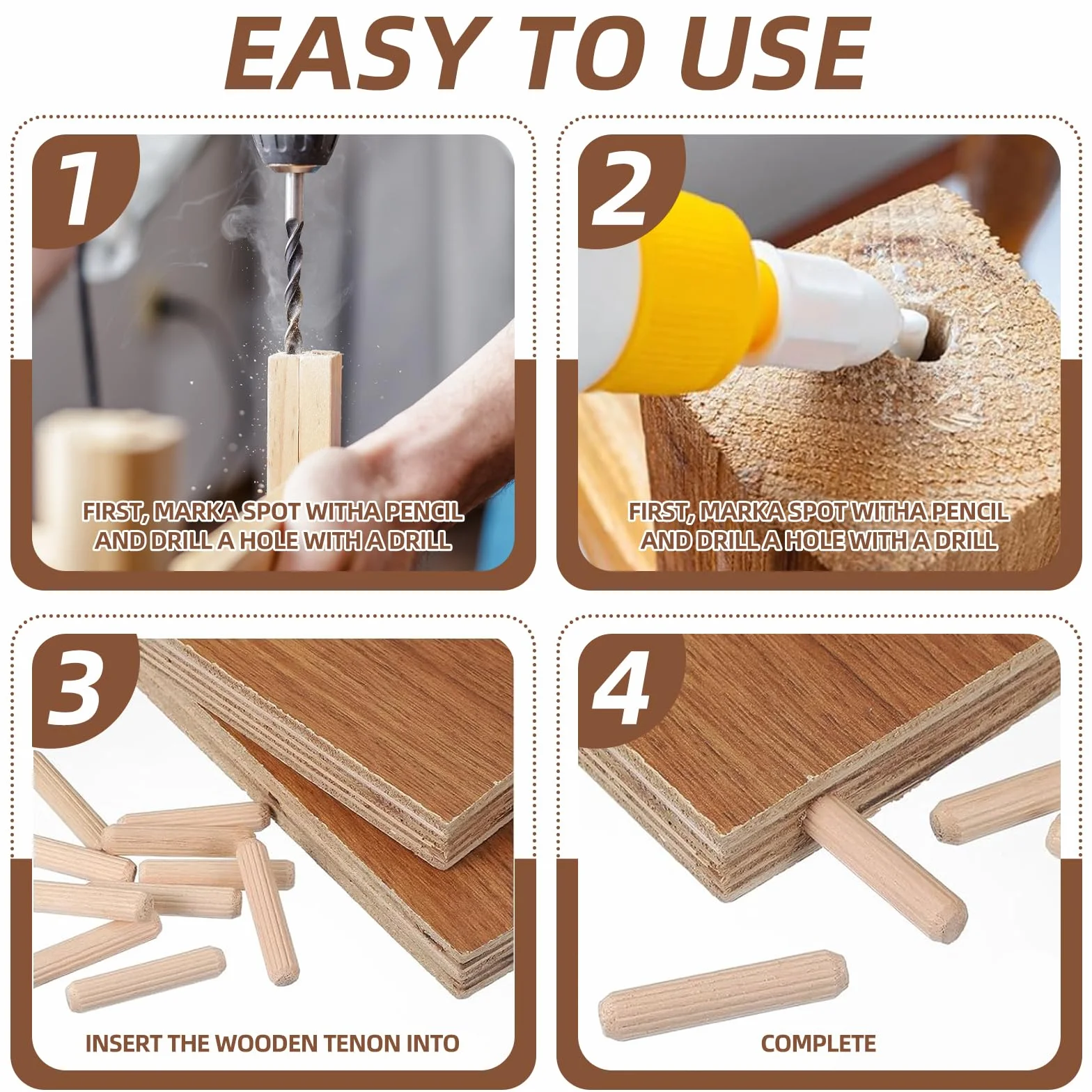 200 Pz Tasselli Legno Conici Scanalati, Spine per Legno a Forma di Ago 4mm, per Mobili Riparazioni Fai da Te Lavorazione del Accessori