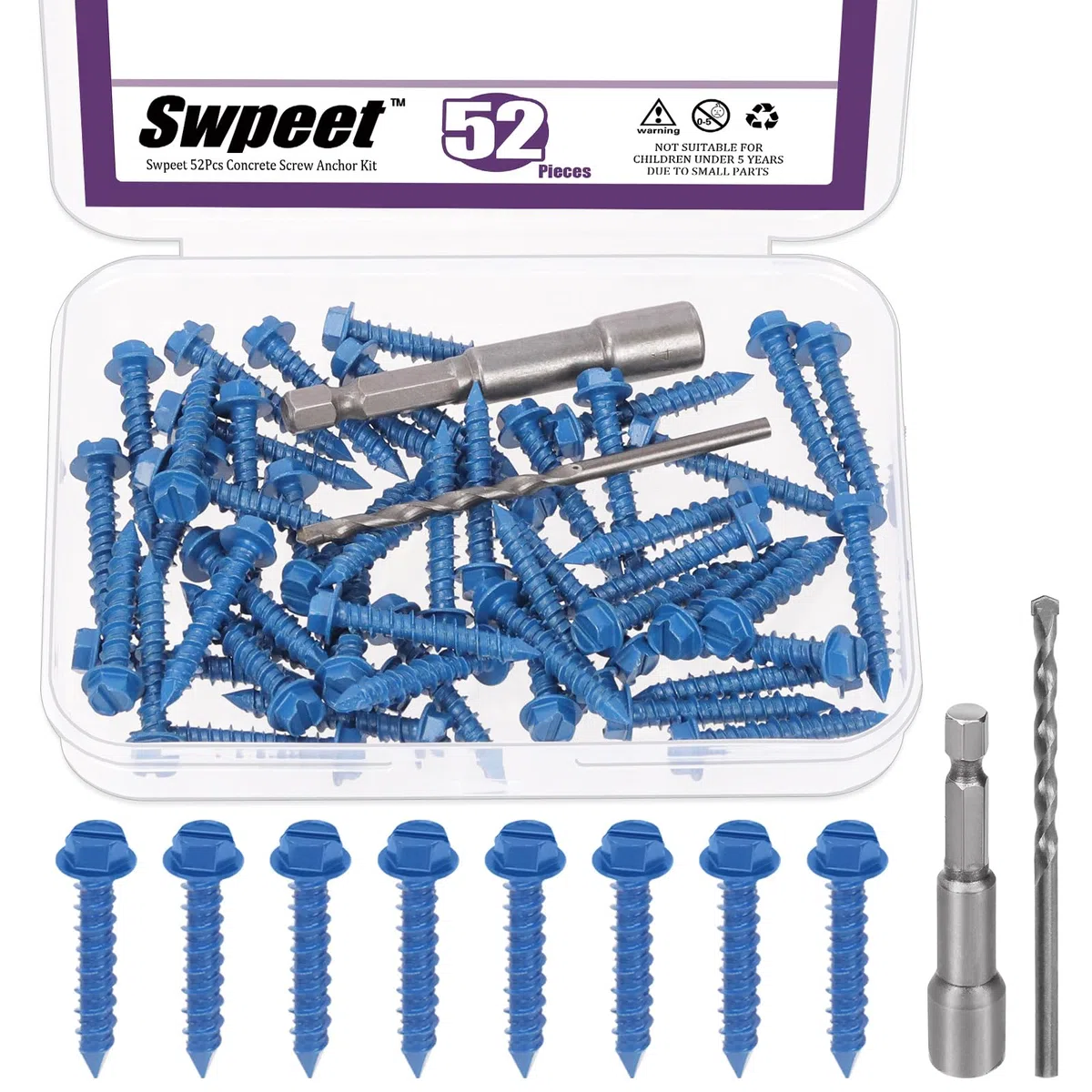 Swpeet 52 pezzi 3/16" x 1-1/4" viti per calcestruzzo a testa rondella esagonale scanalata con inserto esagonale e punta da trapano, kit assortimento, viti autofilettanti per cemento per ancoraggio su
