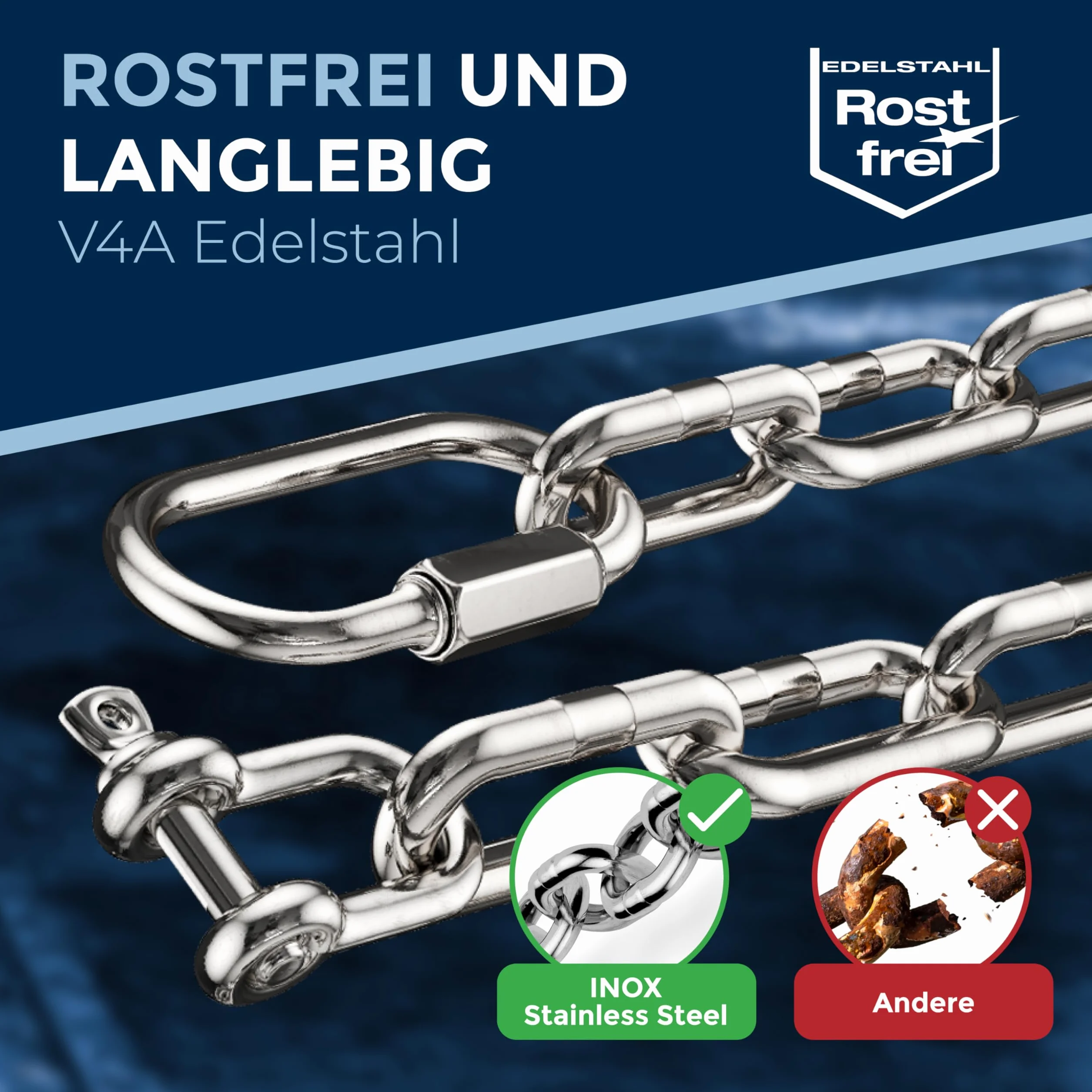 Kit Catena Inox V4A Ø 5 mm – 25 cm (0,25 m) – Set da 1 (1 Catene + 2 Connettori + 2 Grilli) – Carico 900 kg – Uso Marino, Amaca, Boxe