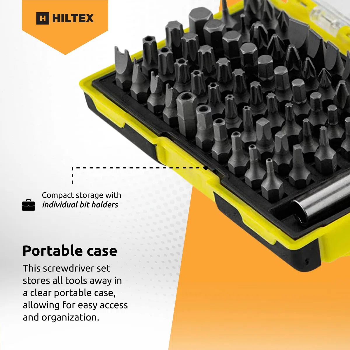 Hiltex Set di punte di sicurezza con adattatore di prolunga magnetica, 61 pezzi, codolo esagonale da 1/4", acciaio CR-V 10060