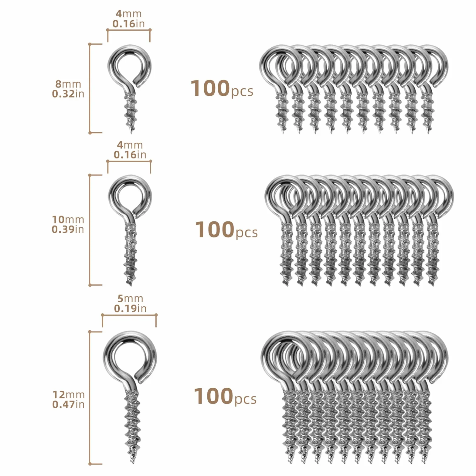 Grevosea 300pc Ganci Avvitabili,ganci A Vite,occhielli A Vite Per Legno,ganci A Vite Con Occhiello,occhielli A Vite In Acciaio Inox Eyebolts Per Gioielli Rendendo Fai Da Te Crafts Legno Artigianato