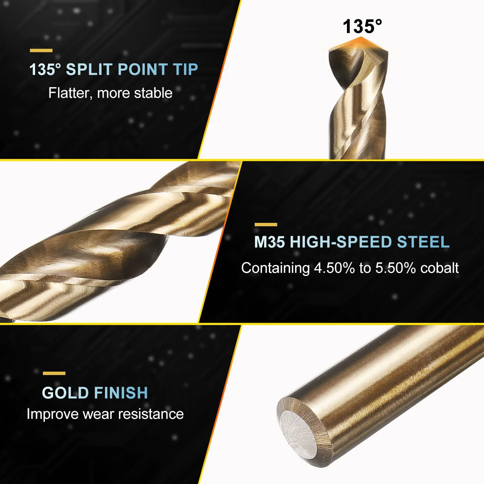 PATIKIL 1,3mm Punta da Trapano, Gambo Dritto Jobber M35 Cobalto 5% Acciaio ad Alta Velocità 135° Finitura Oro per Acciaio Inossidabile Metallo Duro - 12 Pezzi