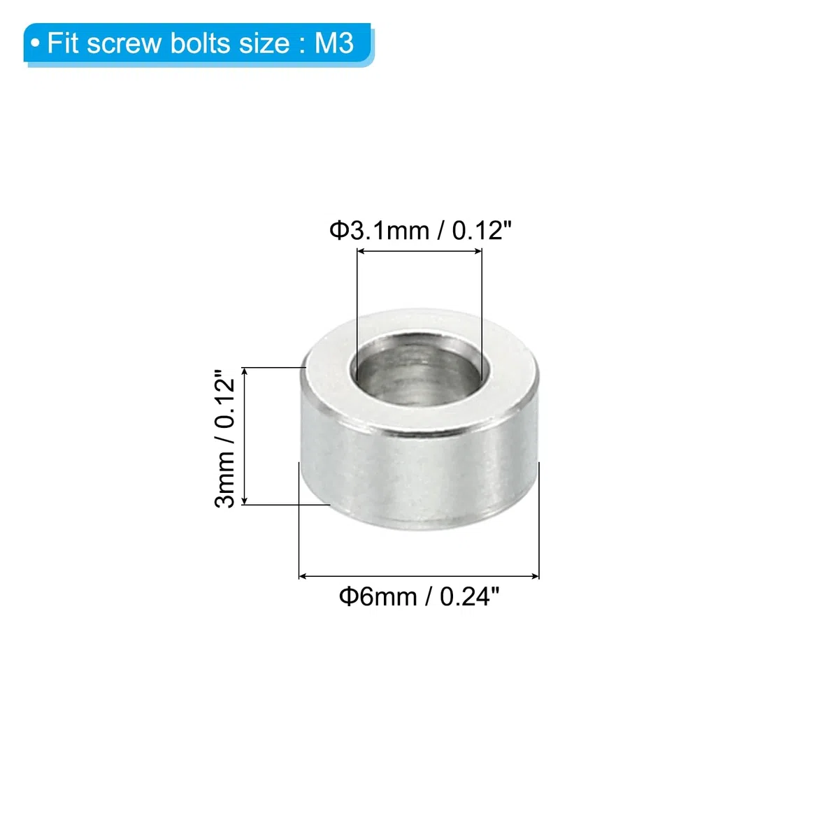 PATIKIL M3 Distanziali in Acciaio Inossidabile, 5pz Distanziatore Metallico Acciaio Inossidabile 3,1mm ID x 6mm OD X3mm L Vite Rotondo per 1/8" M3 Bulloni a Vite