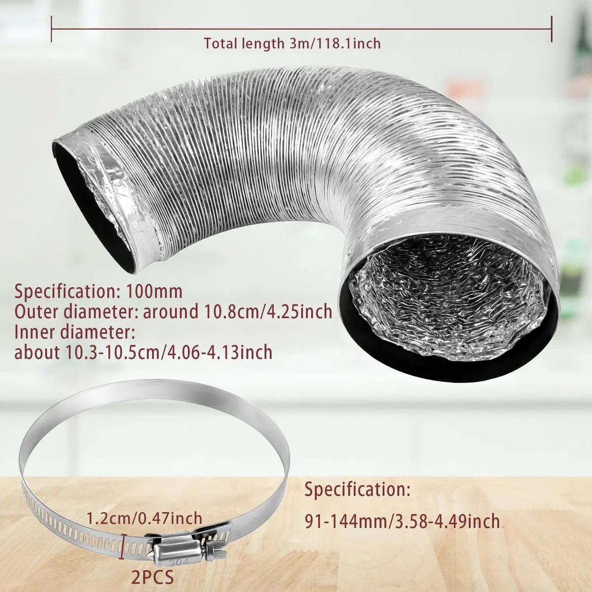 Guaina di ventilazione in alluminio, per cappa aspirante/asciugatrice, tubo flessibile di evacuazione con 2 fascette di serraggio in acciaio e tubo di scarico dell'aria (diametro: 100 mm x 3 m)
