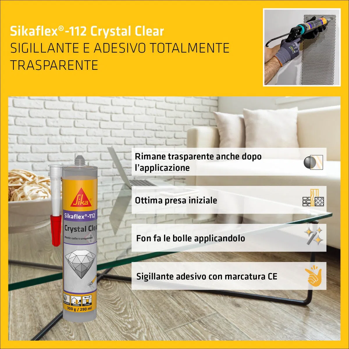 SIKA - Adesivo invisibile - Sikaflex-112 Crystal Clear - Effetto cristallo per incollare vetro e specchi - Presa iniziale forte e pulizia totale - 290ml