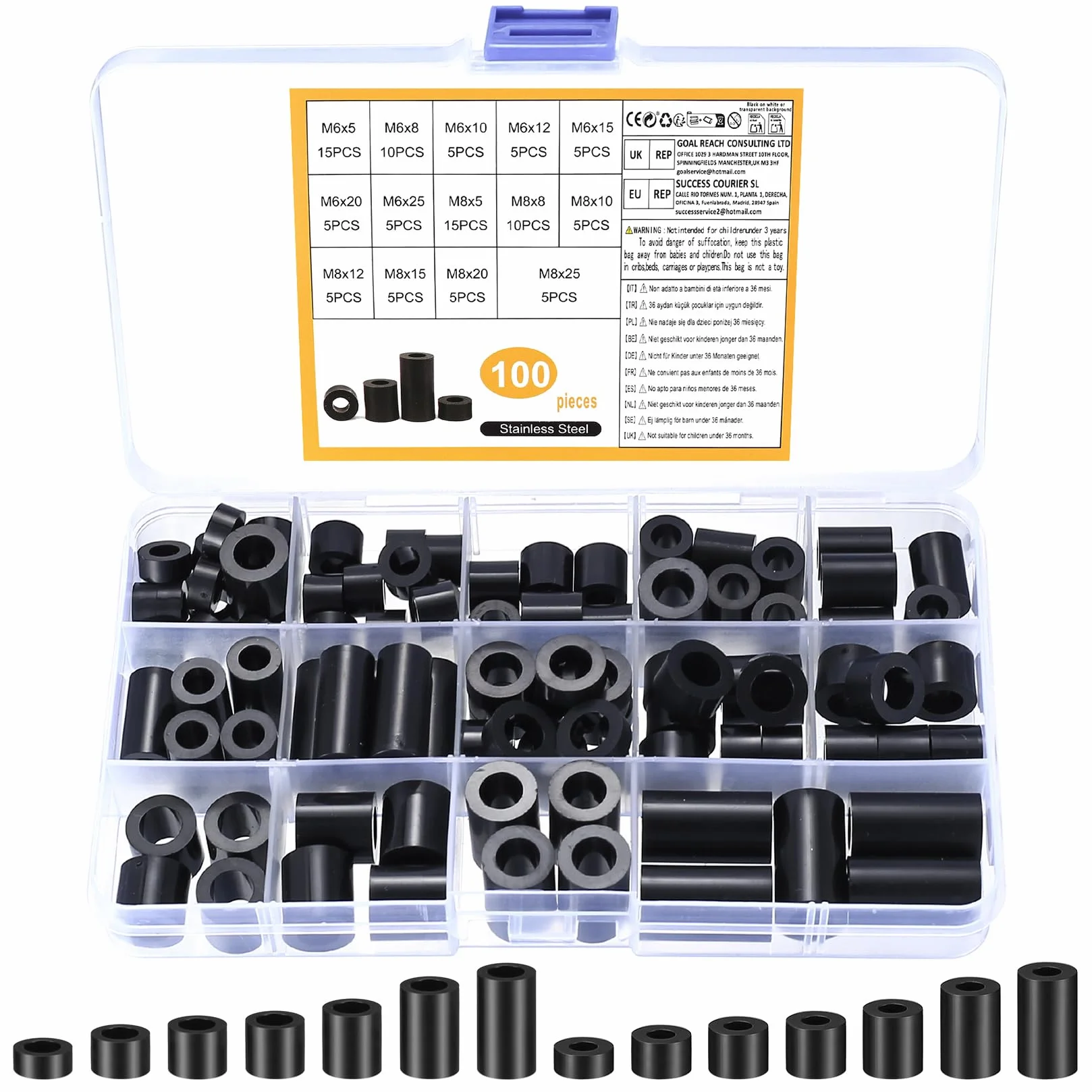 100 Pezzi Distanziali Rotondi in Nylon, M6 M8 Rondelle Plastica Nere, Spessori in Plastica, Distanziatori Isolanti, Rotonde in Nylon Non Filettate per Viti Circuito Stampato