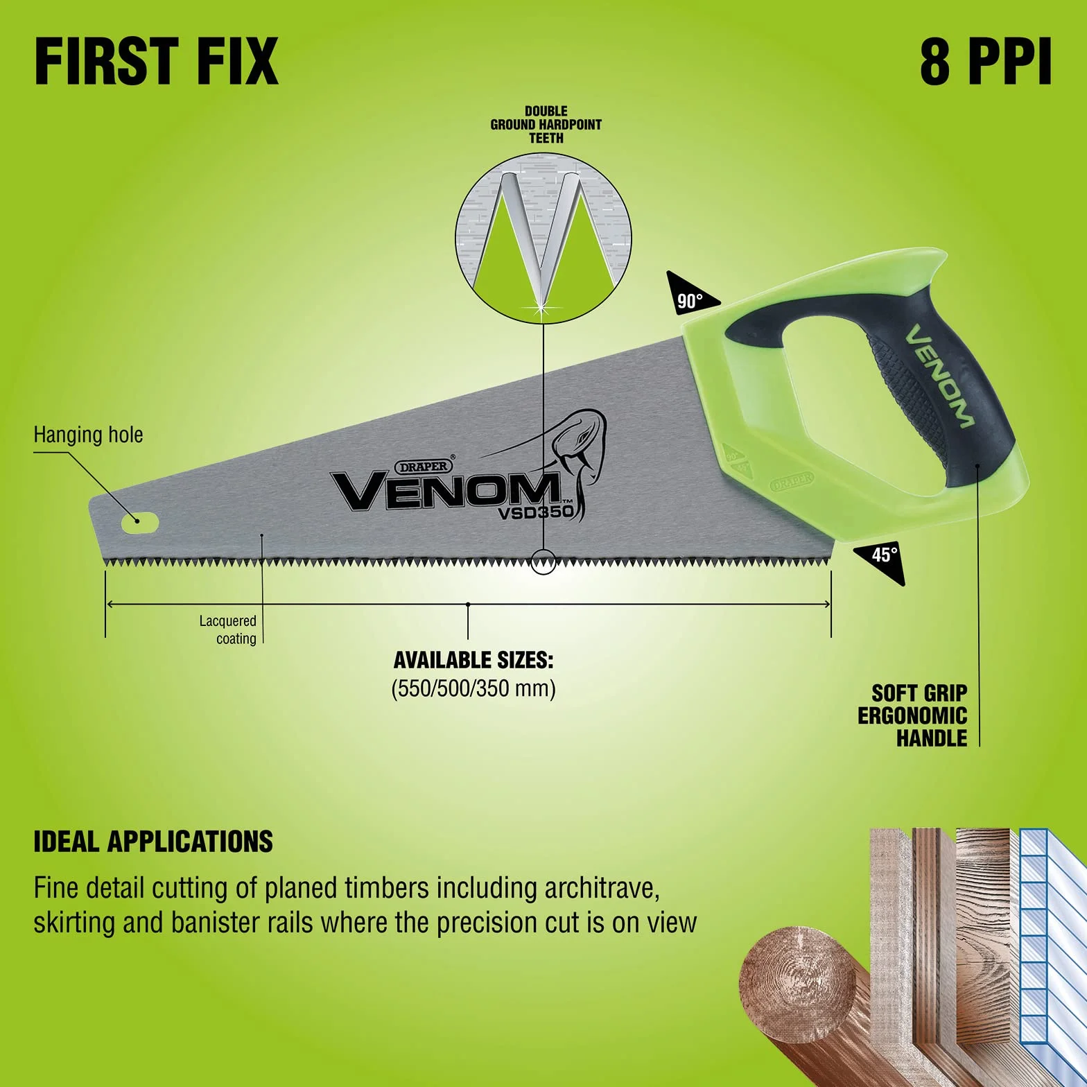 Draper Tools VSD500 First Fix Venom double Ground sega a mano, blu, 500 mm