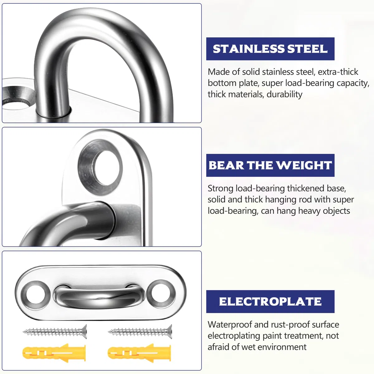 11 Pz Ganci di Piastra ad Occhiello in Acciaio Inox, M5 Gancio Muro Occhielli in Metallo, Piastre per Occhielli in Acciaio Inox, Gancio da Soffitto per Fissaggio a Soffitto Parete, con Viti/Tasselli