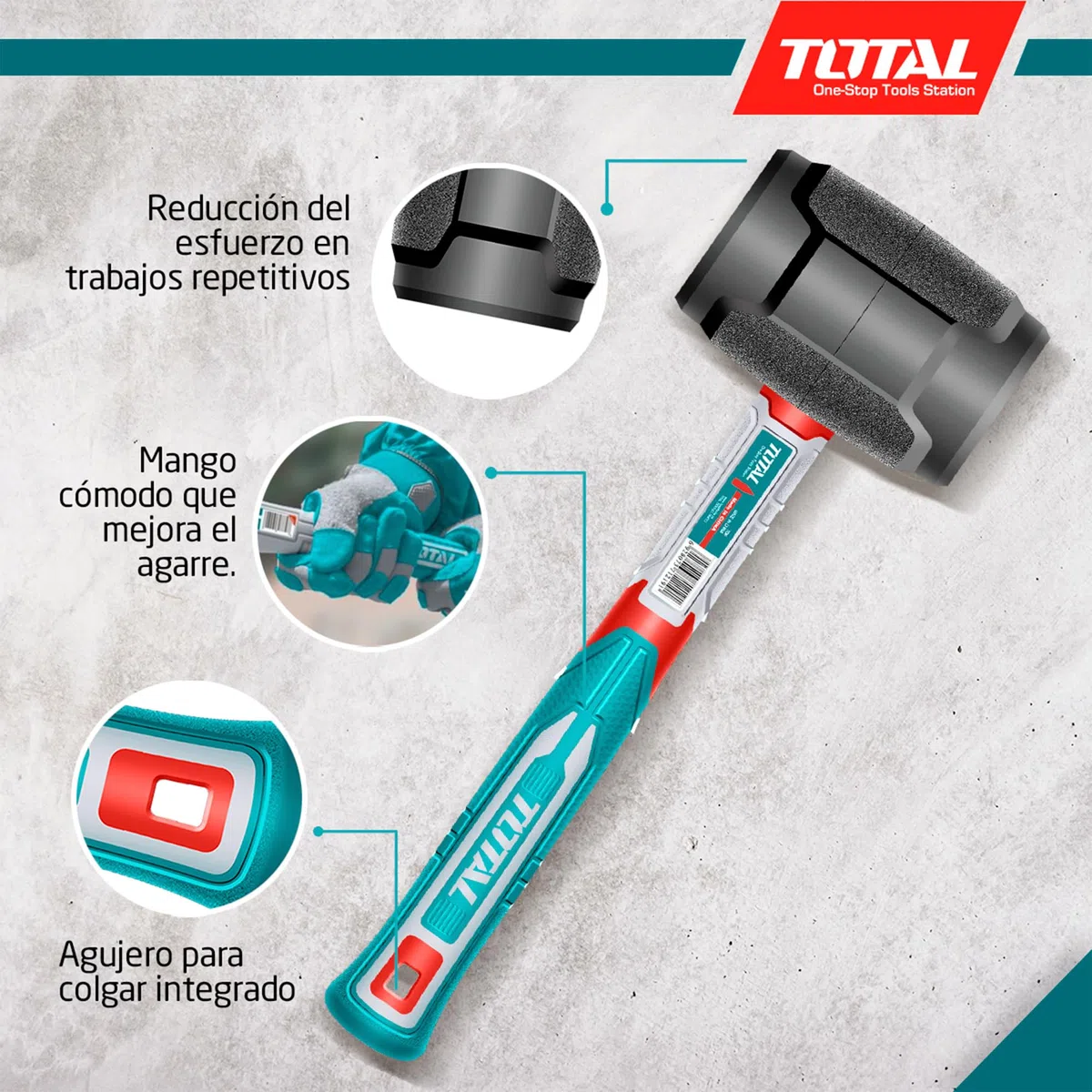 TOTAL - Mazza in Gomma - 450 g - Per Piastrellatura, Livellamento e Assemblaggio - Colpisce Senza Danneggiare la Superficie - Manico Antiscivolo in Fibra Trimateriale - Testa in Gomma Nera