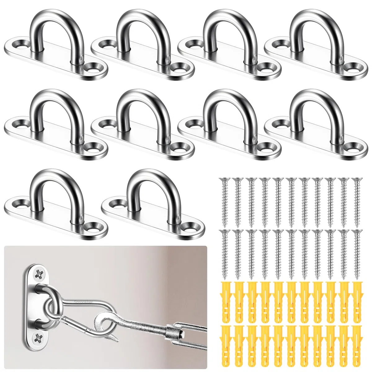 11 Pz Ganci di Piastra ad Occhiello in Acciaio Inox, M5 Gancio Muro Occhielli in Metallo, Piastre per Occhielli in Acciaio Inox, Gancio da Soffitto per Fissaggio a Soffitto Parete, con Viti/Tasselli