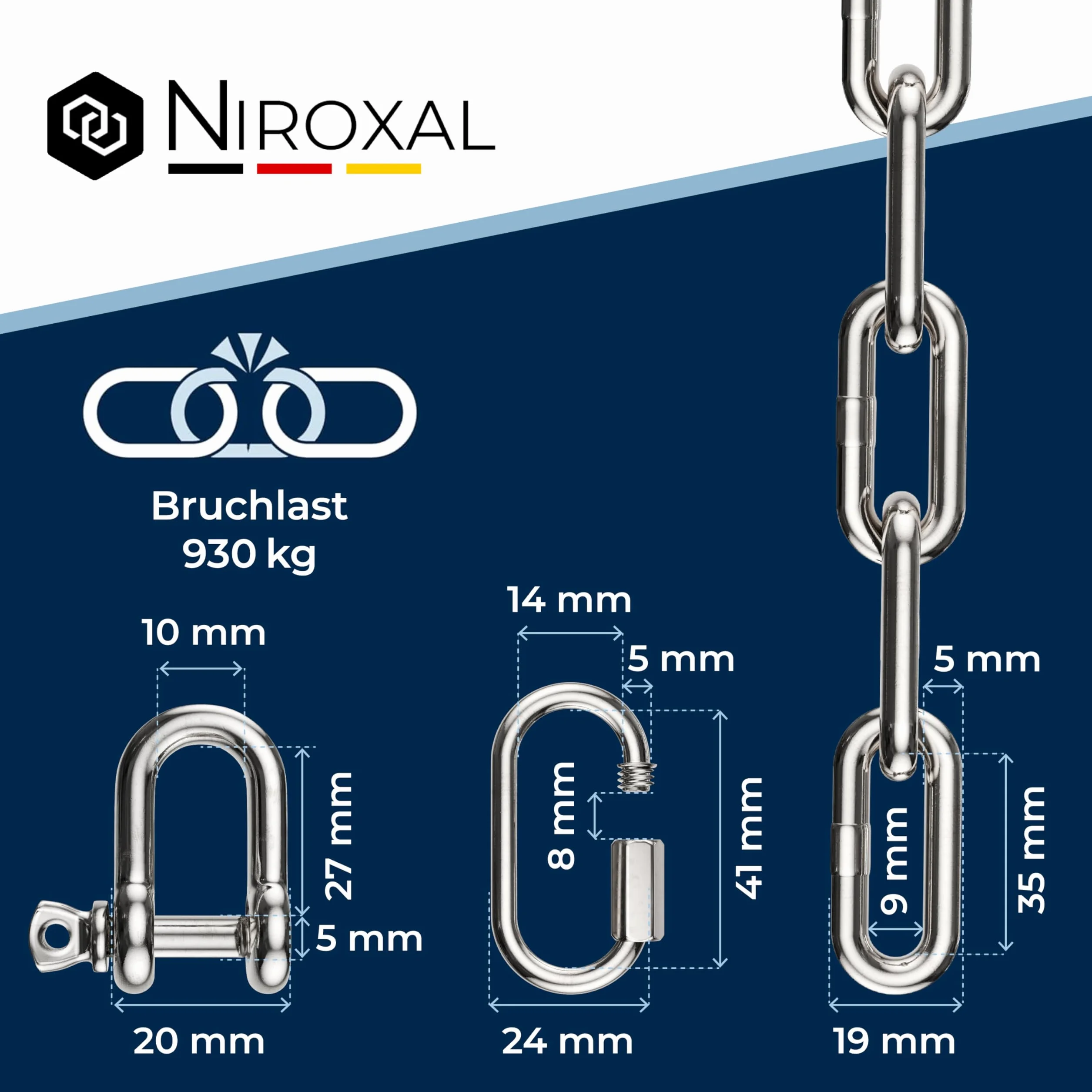 Kit Catena Inox V4A Ø 5 mm – 25 cm (0,25 m) – Set da 1 (1 Catene + 2 Connettori + 2 Grilli) – Carico 900 kg – Uso Marino, Amaca, Boxe