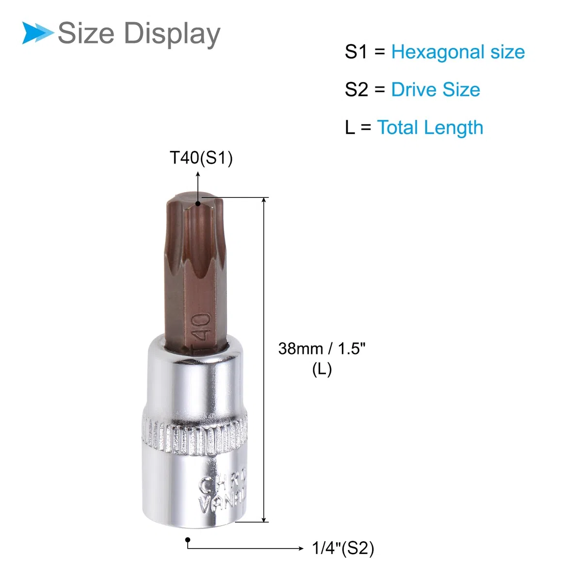 Chiave a Bussola Torx, Metrico T40 Punta 1/4" Attacco 1,5" Lungo, Acciaio Legato S2 Temprato al Cromo-Vanadio - (Applicazioni: per Applicazioni Fissaggio) 3pz