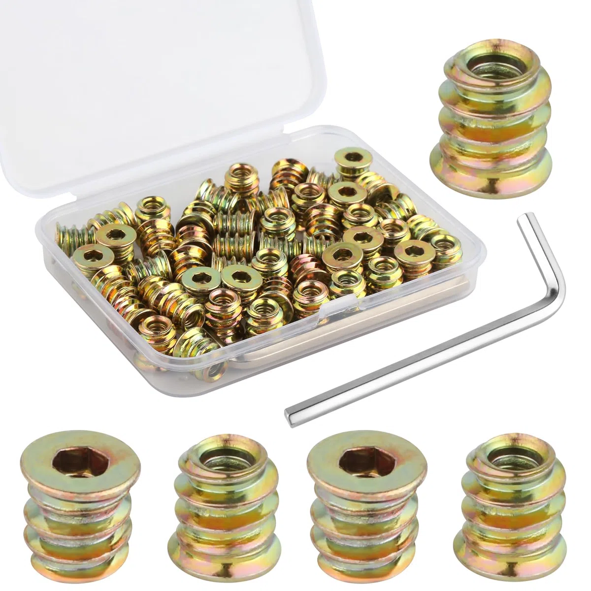 50 Pezzi Boccole Filettate per Legno, M4 x 10mm Inserti Filettati per Legno con Chiave Esagonale, Inserto Filettato in Acciaio Al Carbonio Zincato, Rivetti Filettatis per Mobili in Legnos Assortimento