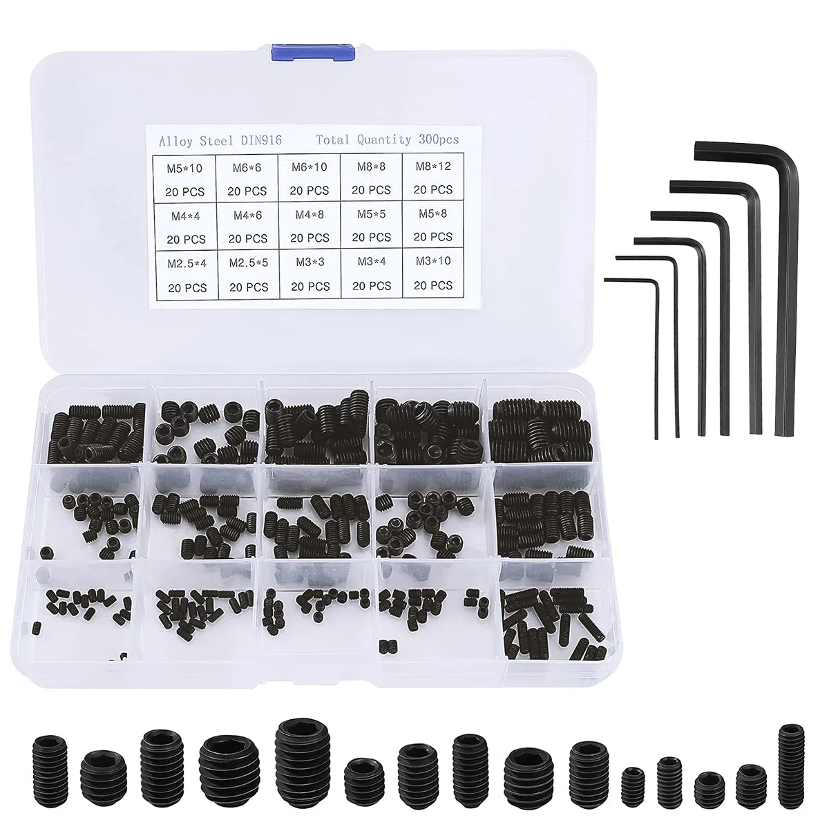 Viti Senza Testa Esagonale Assortimento Assortito Kit in Lega di Acciaio M2.5 M3 M4 M5 M6 M8 con Chiavi Allen Nero 300 Pezzi