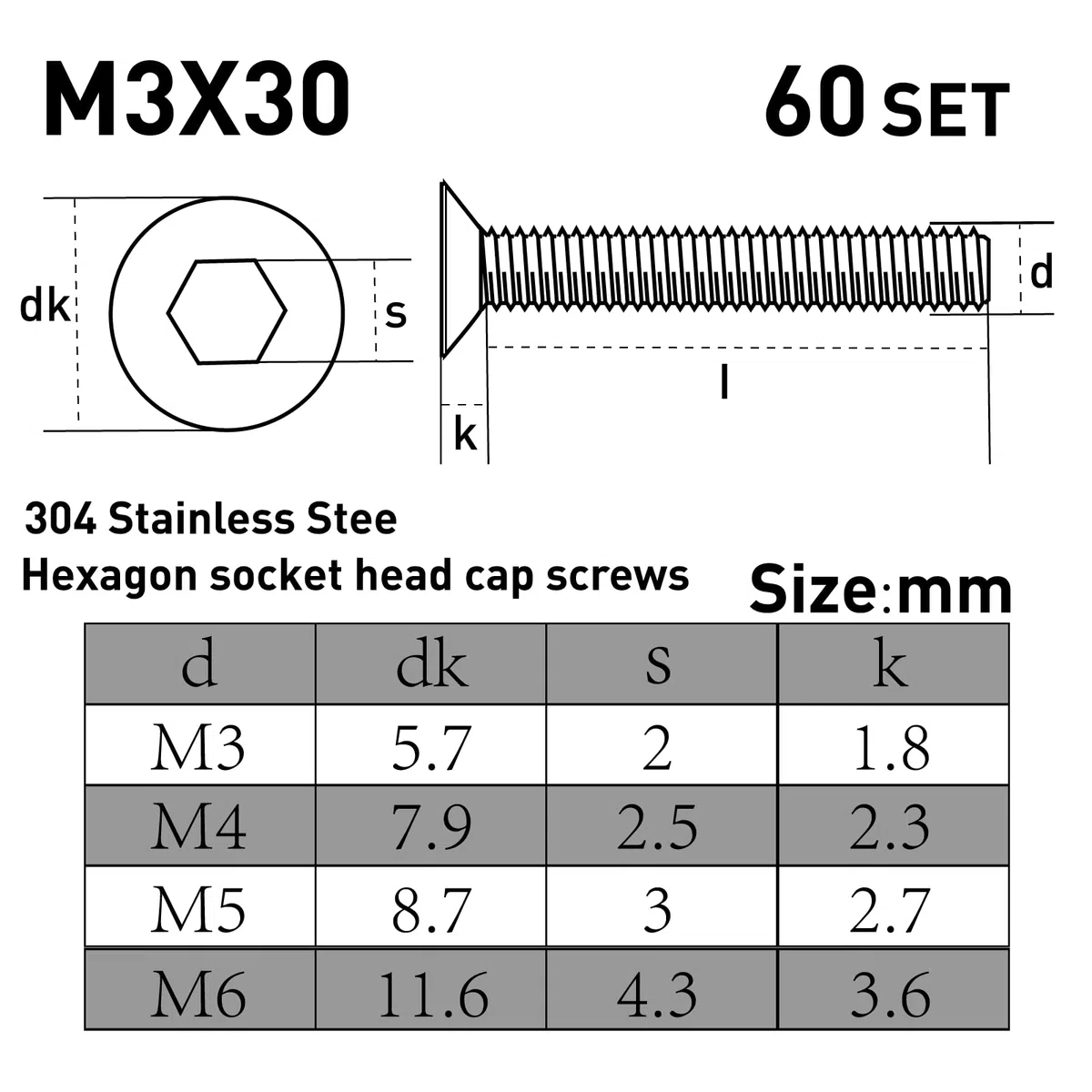 Set di 60 viti M3 x 30 mm, viti a testa svasata e dadi, set di viti in acciaio inox, viti a testa piatta, viti per macchina con guarnizione piatta e dado