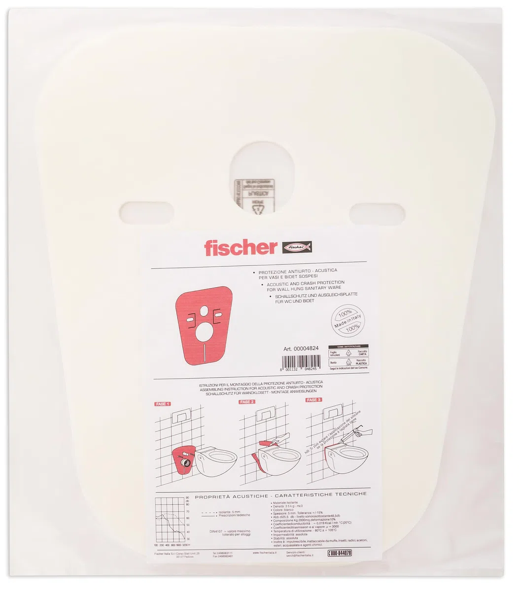Fischer Membrana Anti Rumore per WC e Bidet, Guarnizione per Isolamento Acustico di Sanitari Sospesi a parete, Tappetino per Isolamento Acustico, Universale, Antiurto, 4824