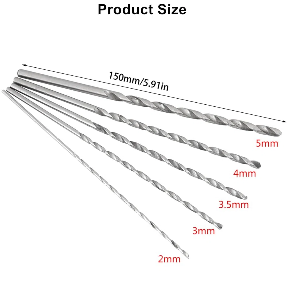 5 Pezzi Set di punte per legno, Punte Elicoidali Extra Lunghe 150mm, Set Punte Trapano con Gambo Dritto HSS Utensile Taglio per Legno, Plastica e Alluminio (Diametro 2/3/3,5/4/5mm)