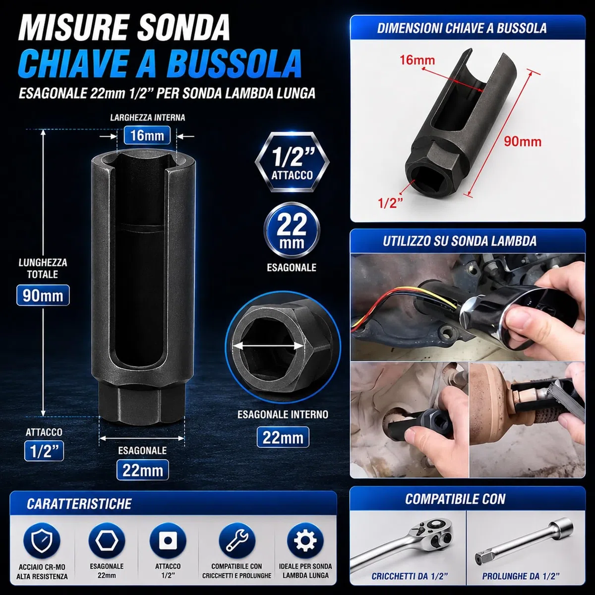 topolenashop Chiave a Bussola Esagonale 22mm 1/2” per Sonda Lambda Lunga – Utensile Professionale per Sensore Ossigeno Auto e Moto in Acciaio Cr-V – Strumento per Rimozione Sonda Codice 134422