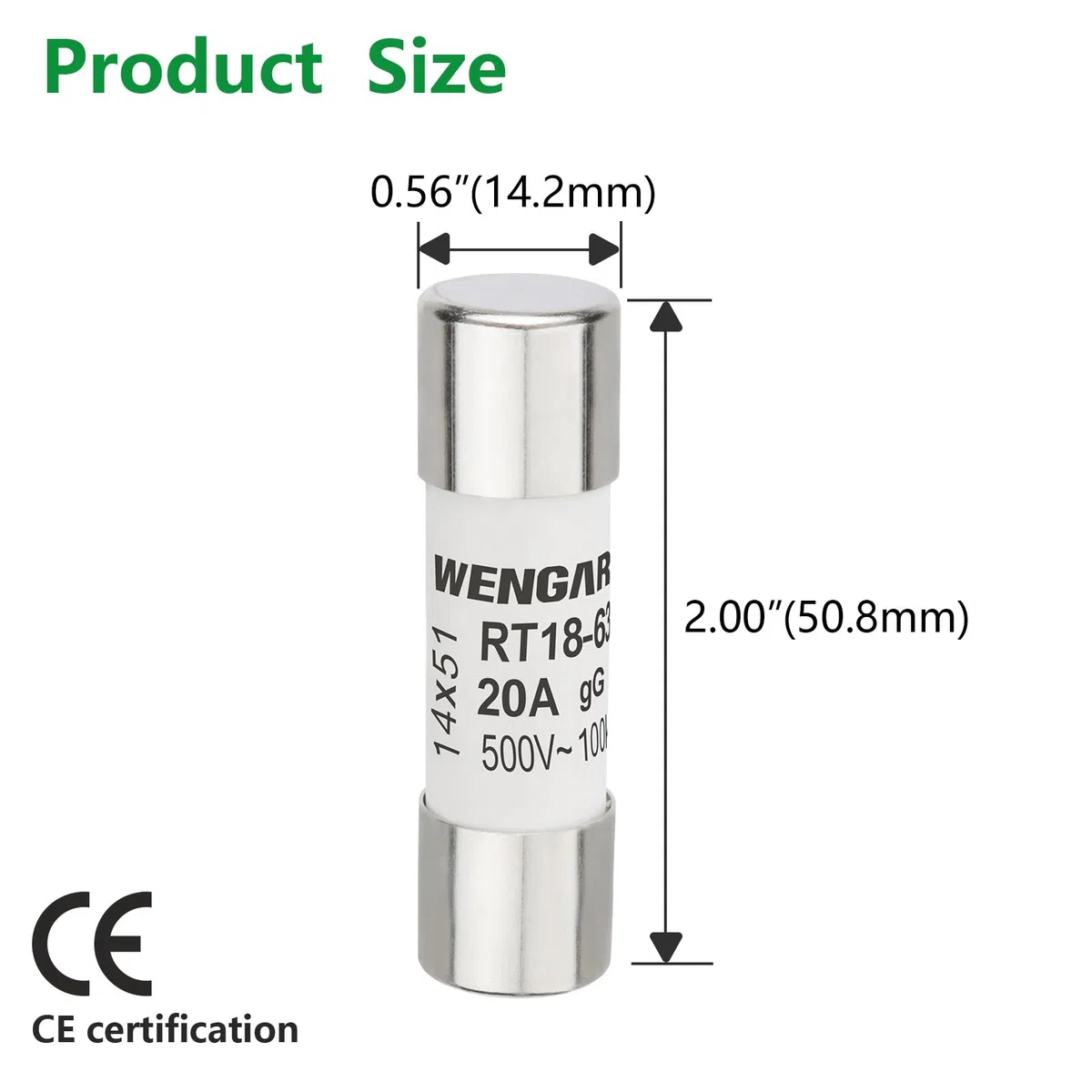Wengart 10 Pezzi Fusibili Cilindrici AC 500V 20A,Tipo RT18-63 (RO16),Dimensioni 14x51mm,Potere di Interruzione 100kA,Protezione Professionale per Impianti Industriali e Grandi Utenze