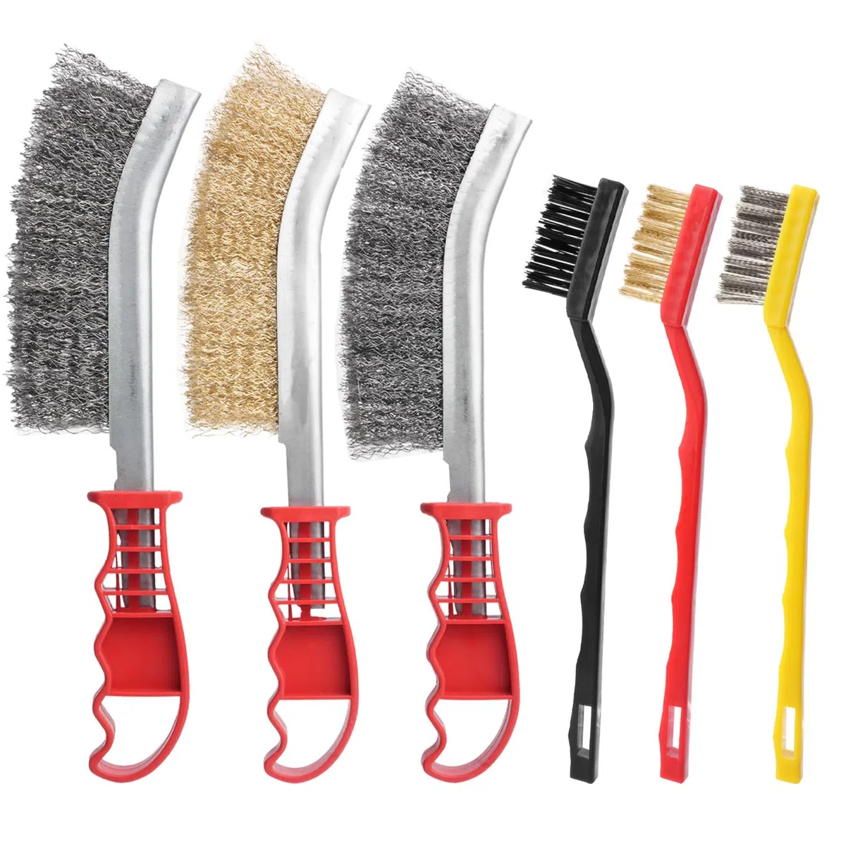 Set di 6 spazzole metalliche: 2 grandi spazzole in acciaio inox, spazzola in ottone, 2 piccole in acciaio inox e nylon, per la pulizia di ruggine e vernice
