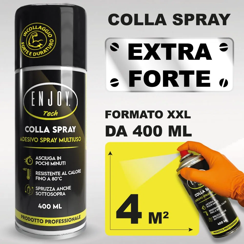 ENJOY TECH - Colla Extraforte Spray 400ML | Per Tessuti, Plastica, Legno, Auto e Metalli | Applicazione Permanente | Resistente a Intemperie e Calore | Made in Italy