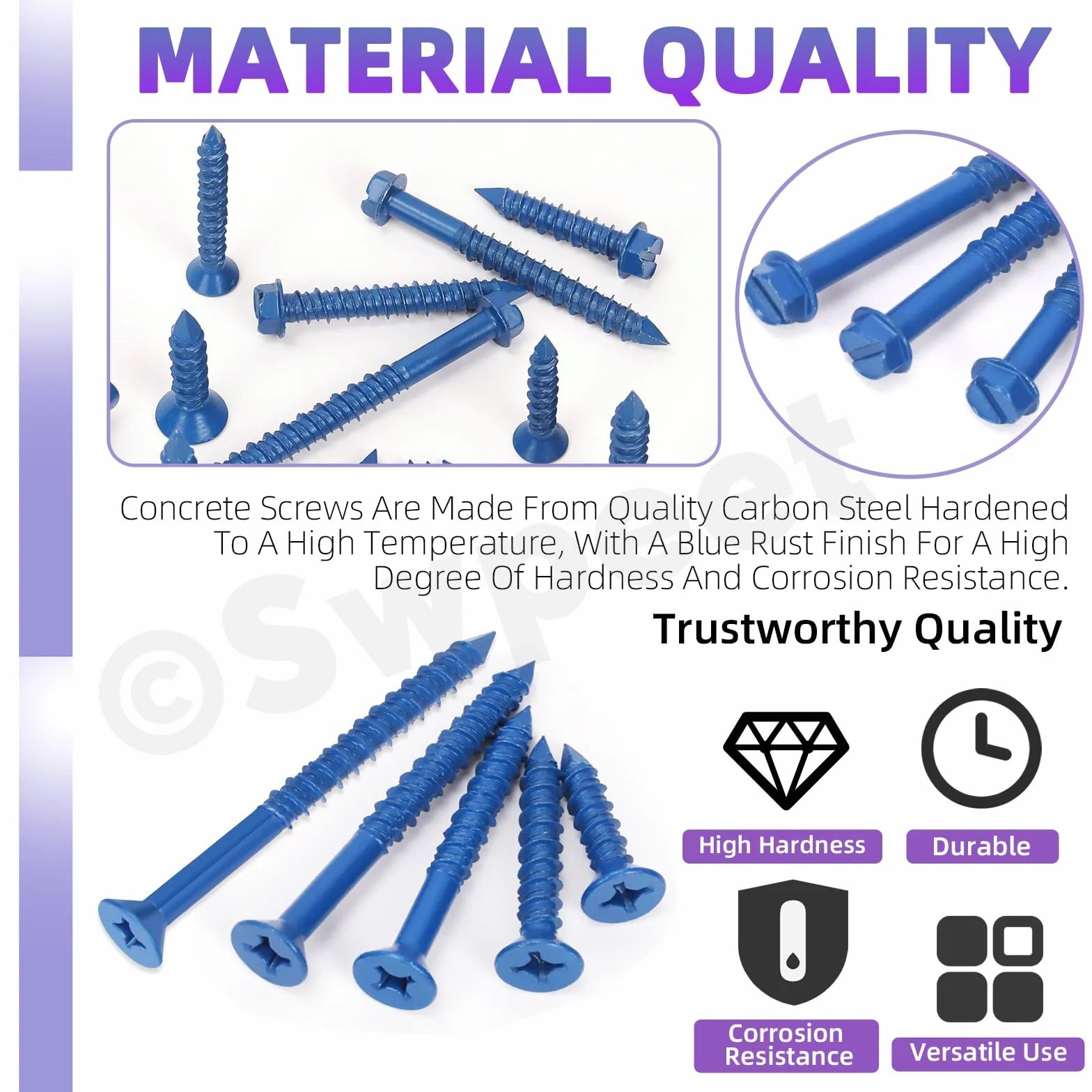 Swpeet 52 pezzi 3/16" x 1-1/4" viti per calcestruzzo a testa rondella esagonale scanalata con inserto esagonale e punta da trapano, kit assortimento, viti autofilettanti per cemento per ancoraggio su