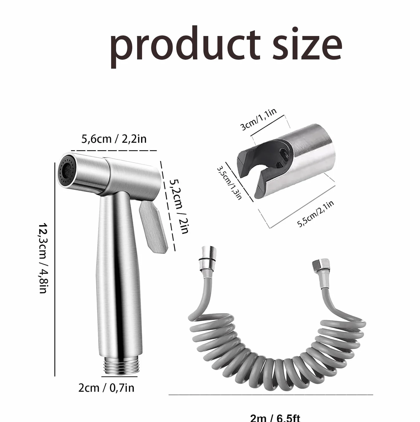 Doccetta per bidet in acciaio inox, set doccetta, getto regolabile, tubo e gancio attacco wc o bidet sospeso