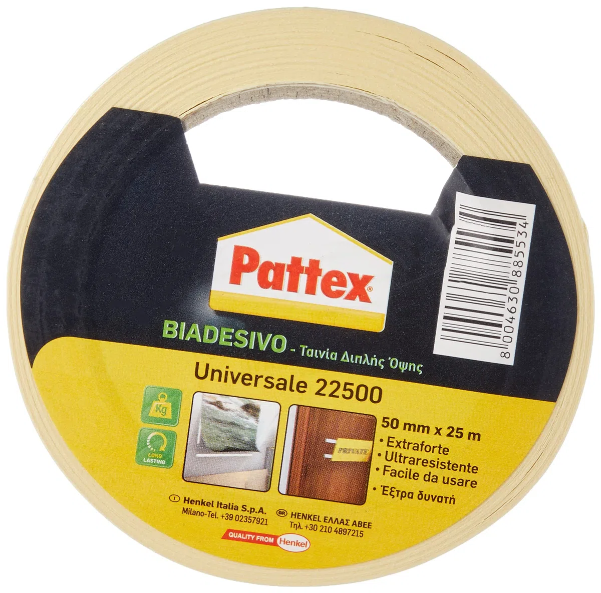 Pattex 22500 Nastro Biadesivo Universale, per Applicazioni Industriali e Assemblaggi Domestici e Fai da Te, 50mmx25m